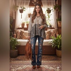 Lovely Melody Filly Flair Leopard Print Babydoll Top Waffle Knit Criss-Cross M
